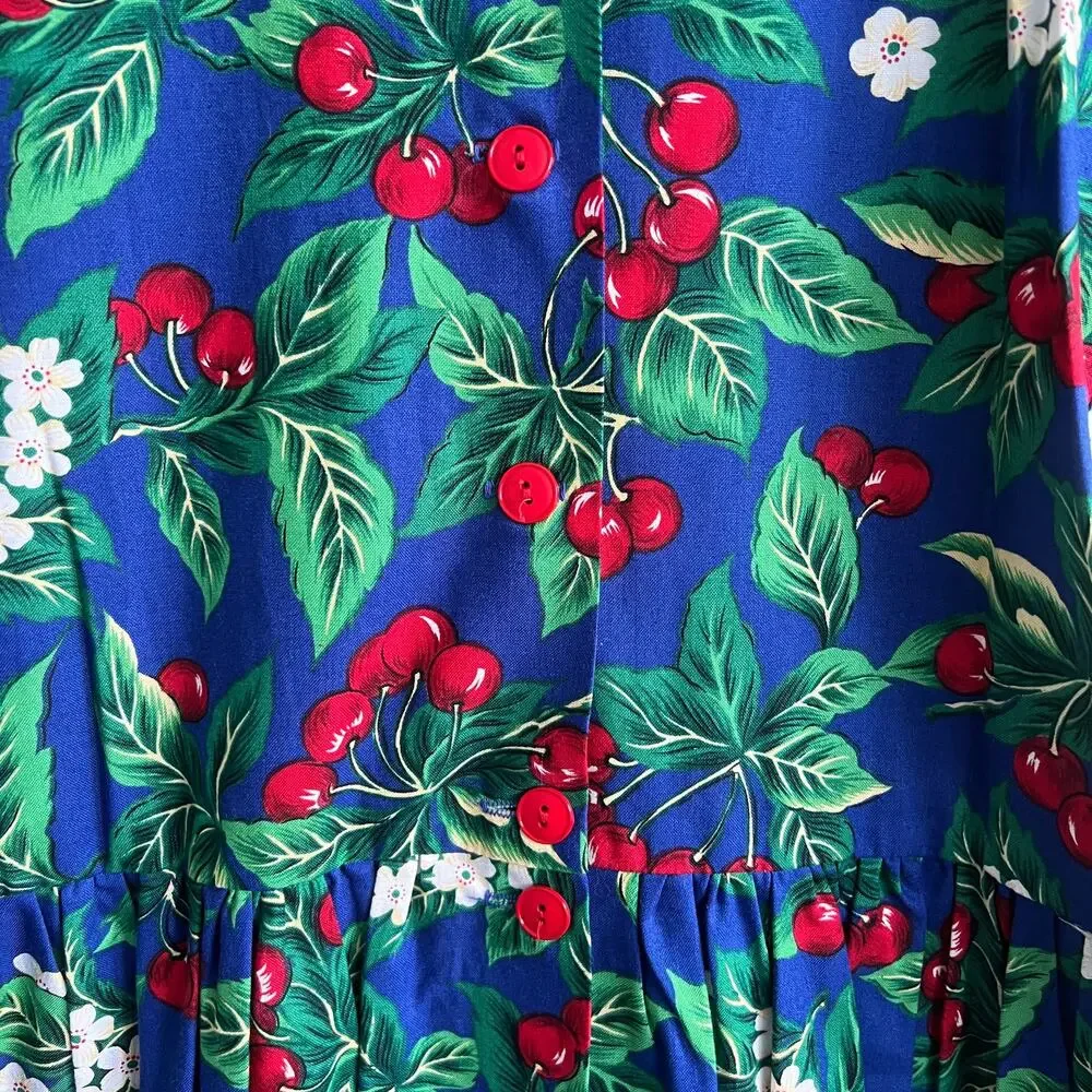 Vintage Just Ducky White Collar Fit Flare Dress Blue Cherry Print Sleeveless 14